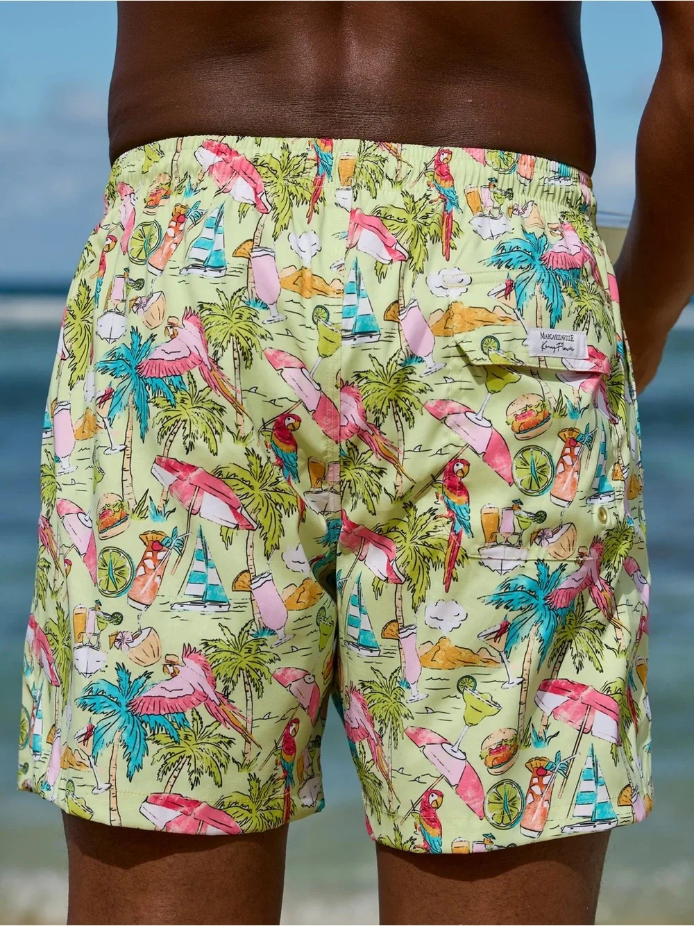 Kenny Flowers Lime Tropical Print Swim Trunks with Pink & Teal Accents